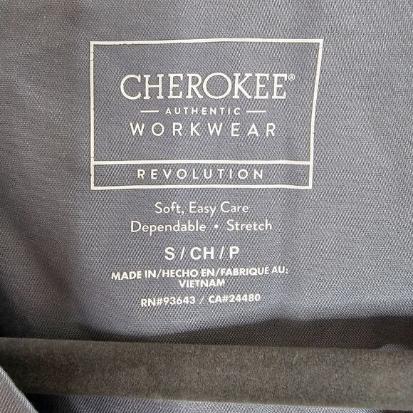 Cherokee Workwear Revolution Gray-Blue Mock Wrap V-Neck Patch Pockets Scrub Top - Picture 6 of 8